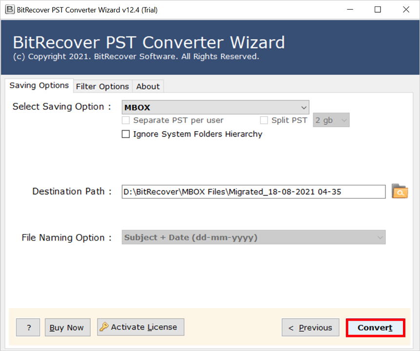 screenshot of BitRecover PST to MBOX Converter