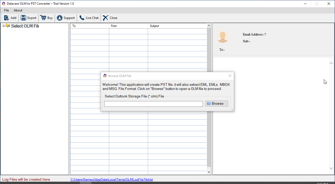 screenshot of DataVare OLM to PST Converter