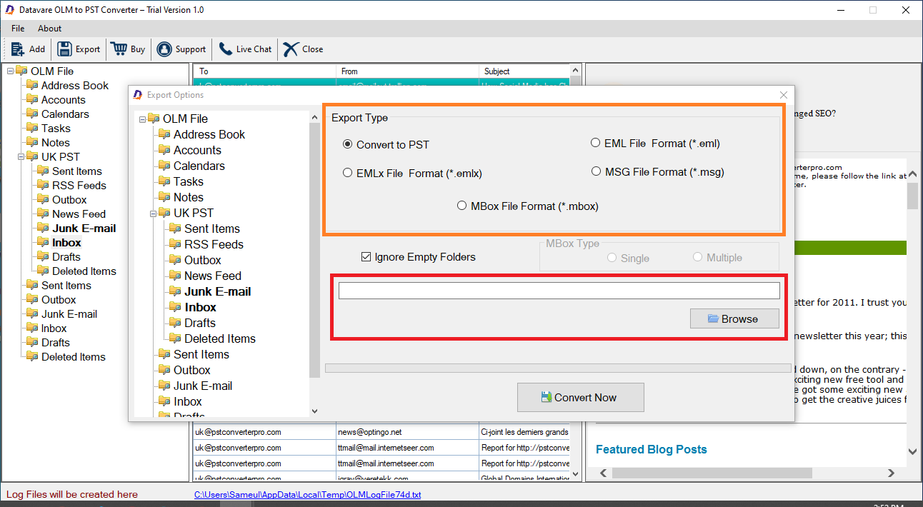 screenshot of DataVare OLM to PST Converter