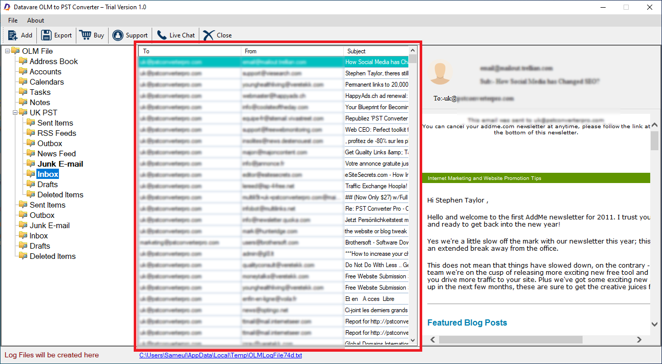 screenshot of DataVare OLM to PST Converter