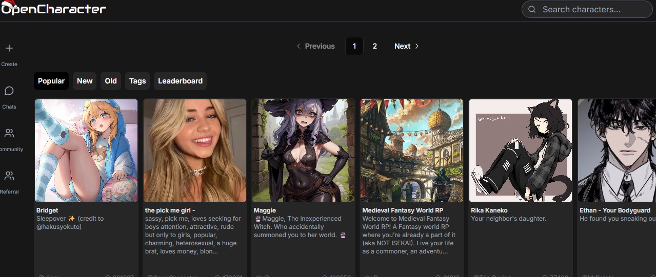screenshot of OpenCharacter AI