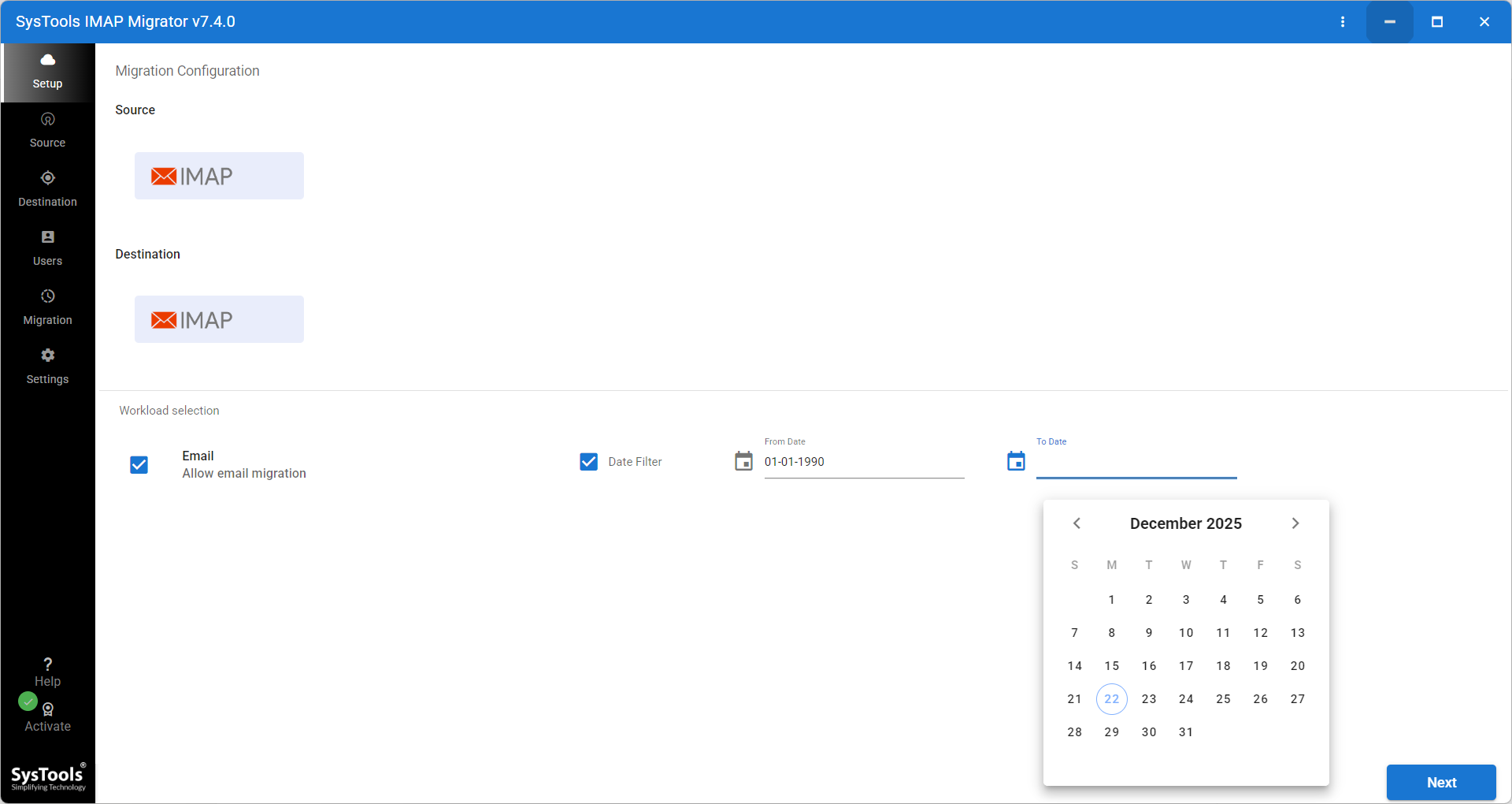 screenshot of SysTools IMAP Migration Tool