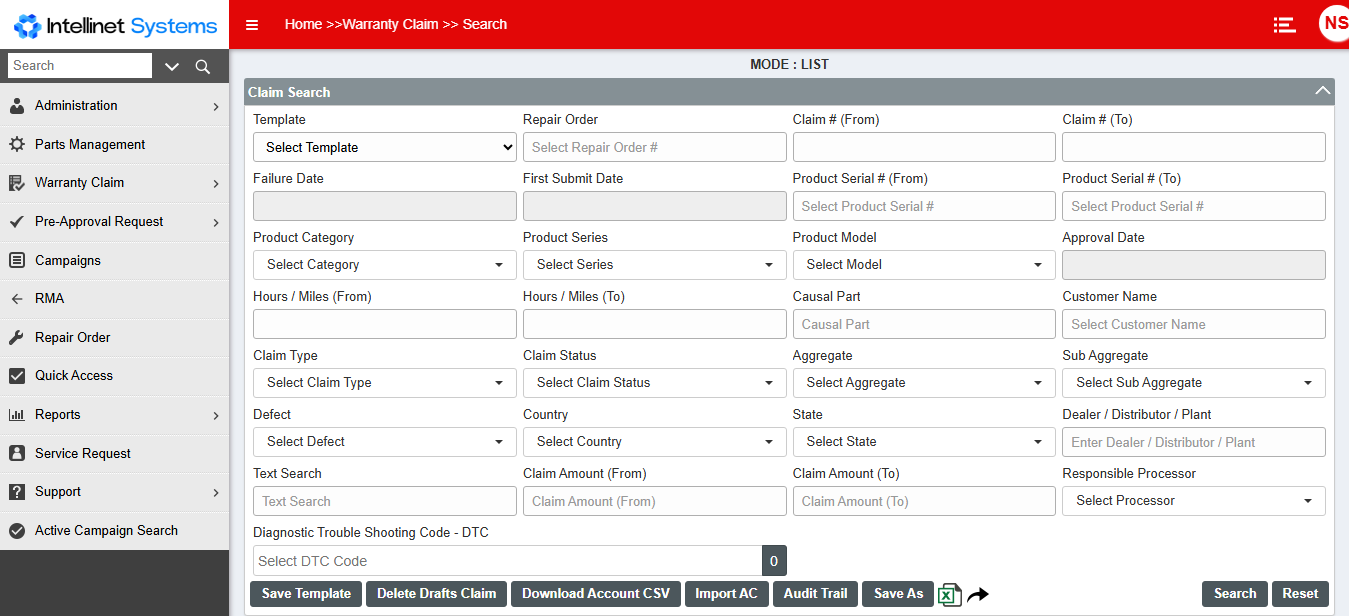 screenshot of Intelli Warranty Software 