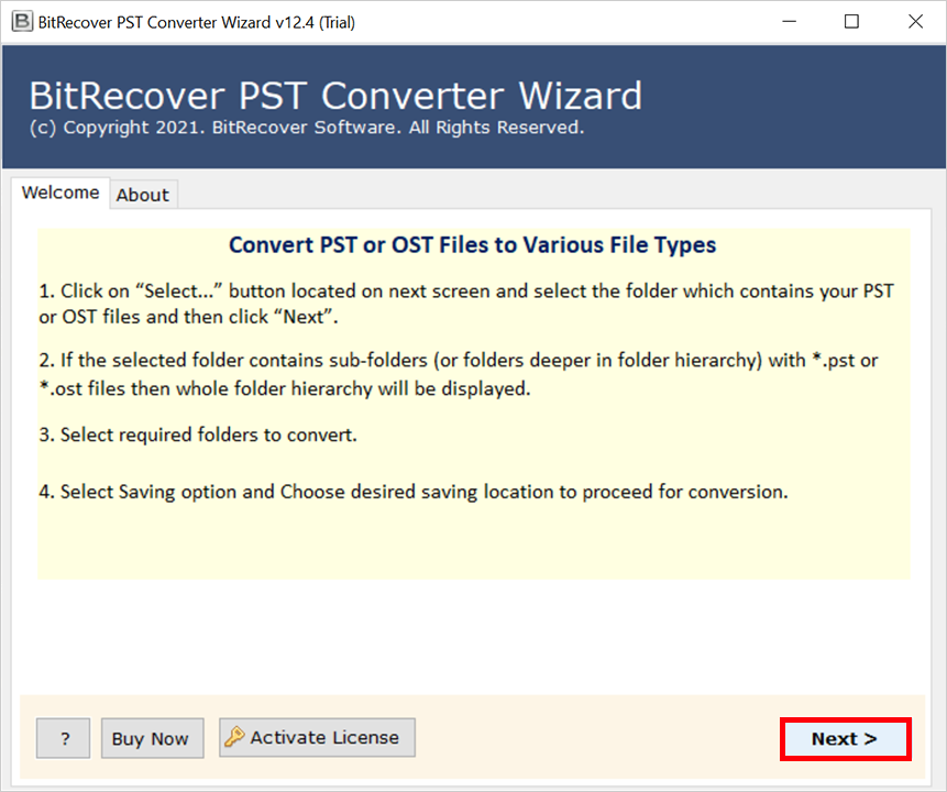 screenshot of BitRecover PST Converter Wizard