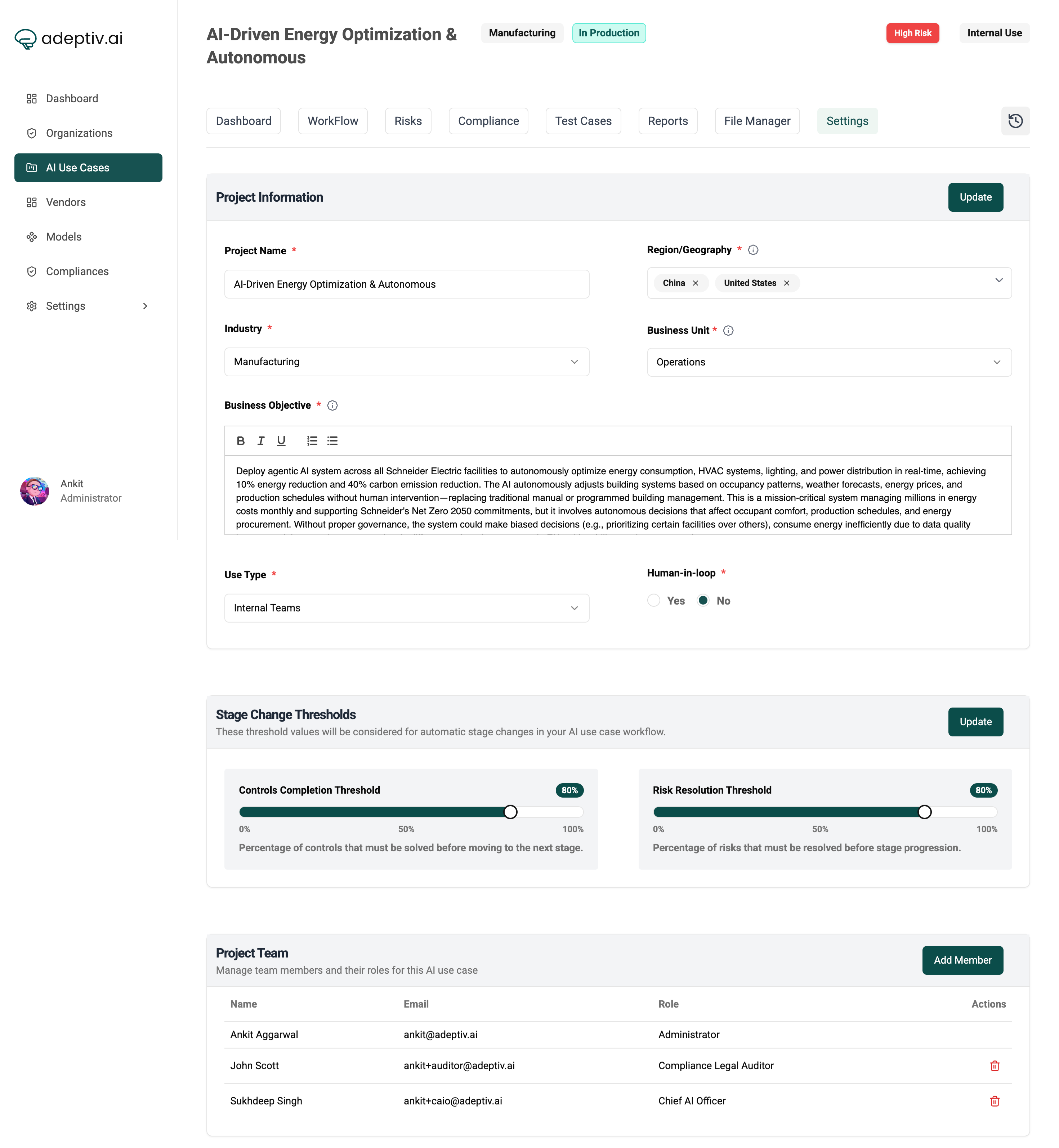 screenshot of Adeptiv AI - AI Governance Software