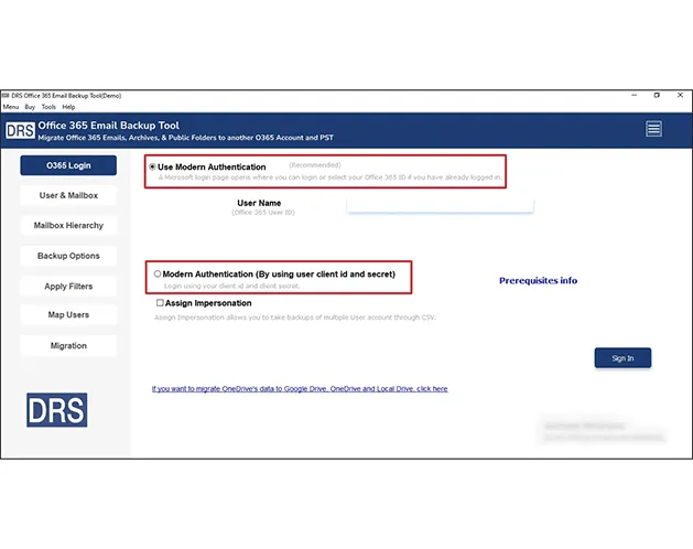 screenshot of DRS Softech Office 365 Backup Tool