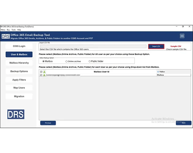 screenshot of DRS Softech Office 365 Backup Tool
