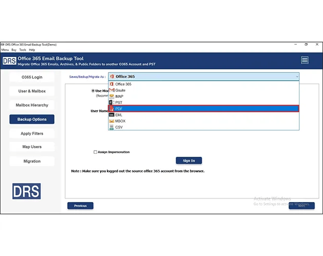 screenshot of DRS Softech Office 365 Backup Tool