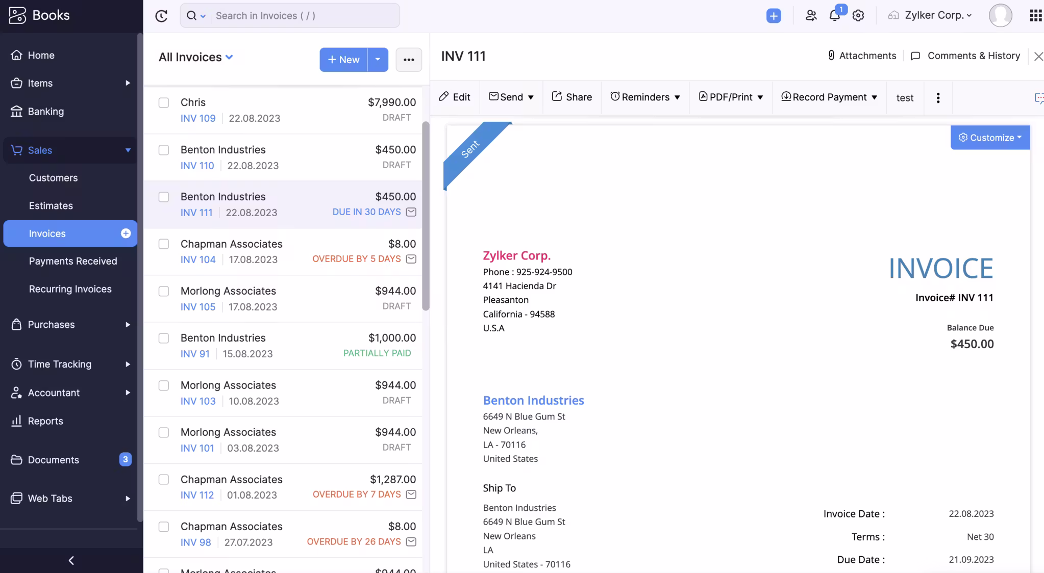 screenshot of Zoho Books