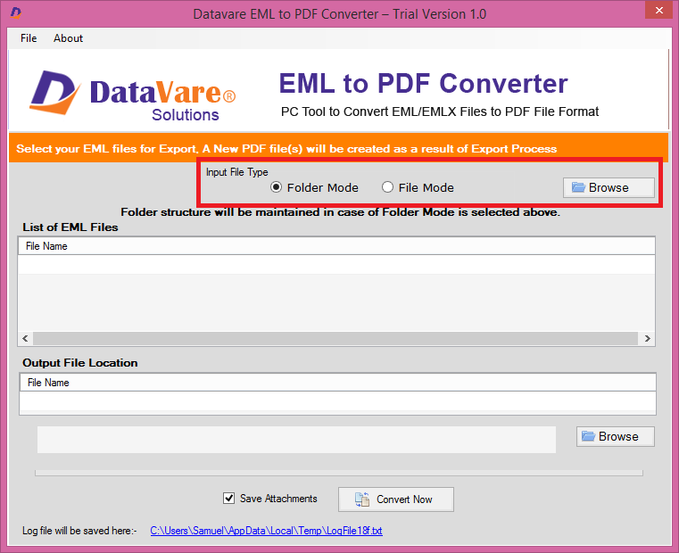 screenshot of DataVare EML to PDF Converter