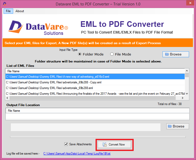 screenshot of DataVare EML to PDF Converter