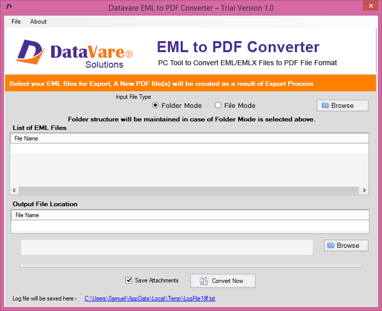 screenshot of DataVare EML to PDF Converter