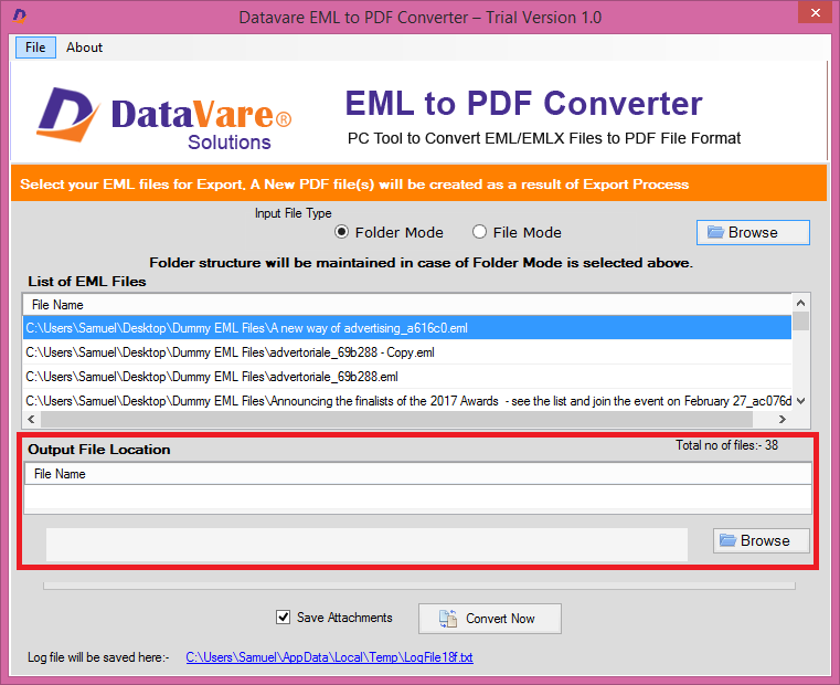 screenshot of DataVare EML to PDF Converter