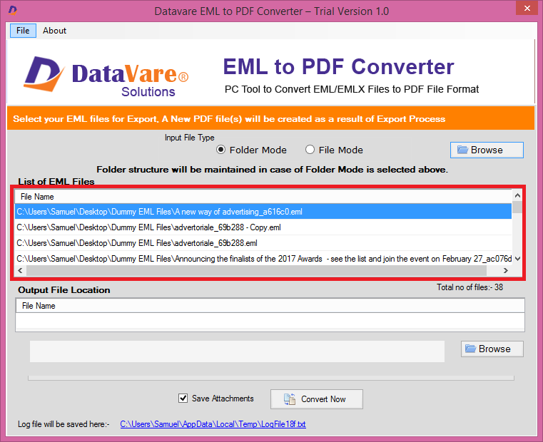 screenshot of DataVare EML to PDF Converter