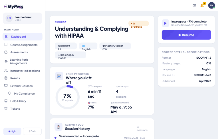 screenshot of MyPass LMS