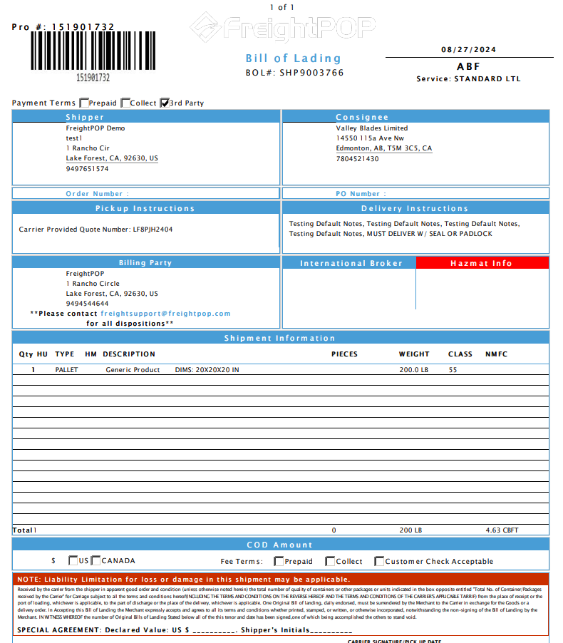 screenshot of FreightPOP
