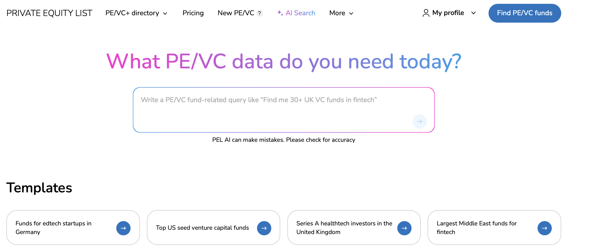screenshot of Private Equity List