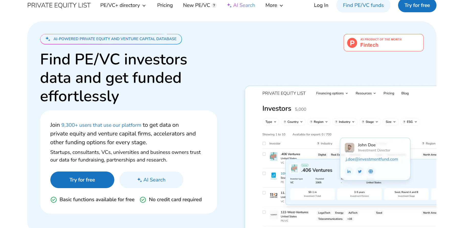 screenshot of Private Equity List