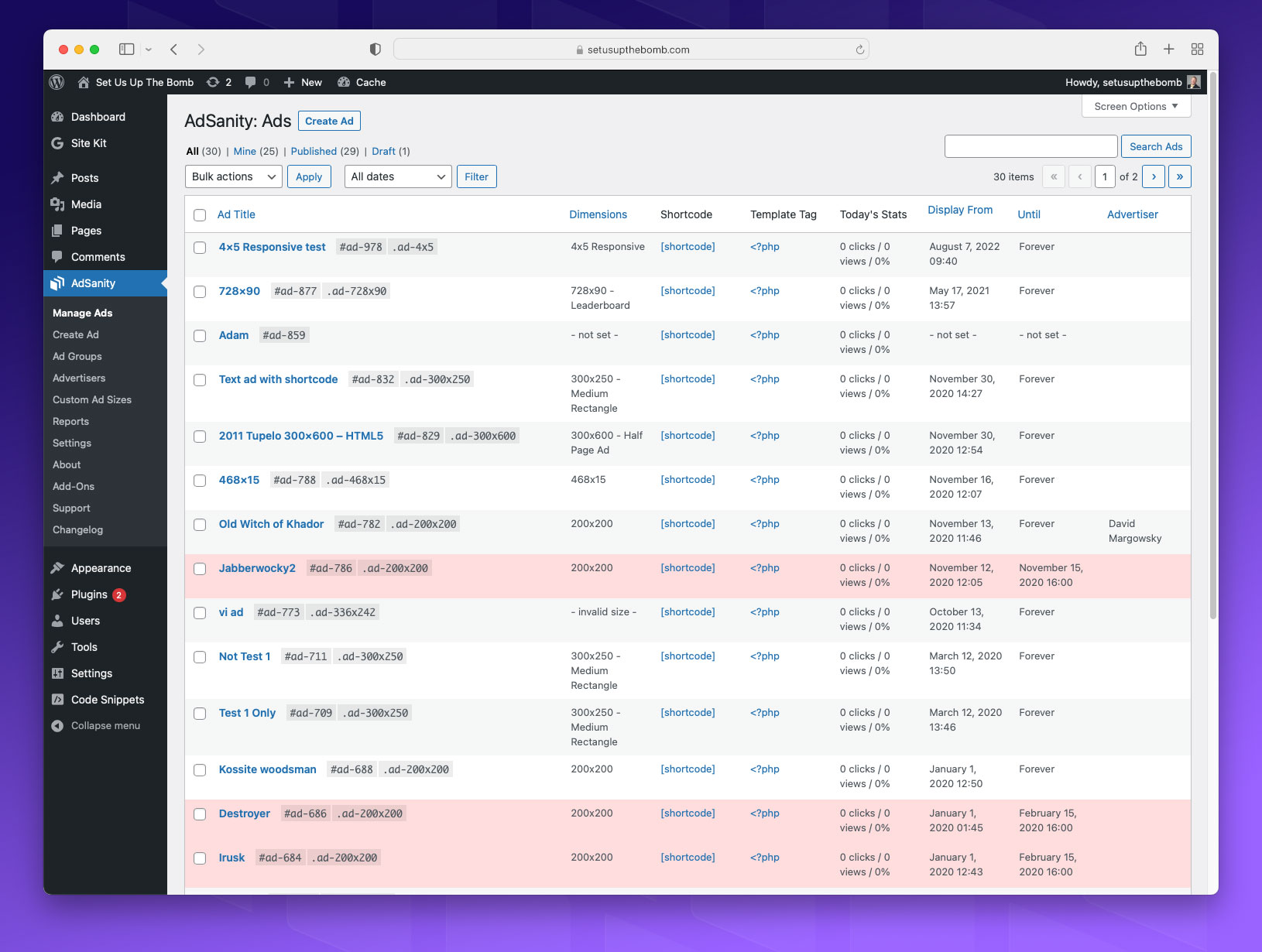 screenshot of AdSanity