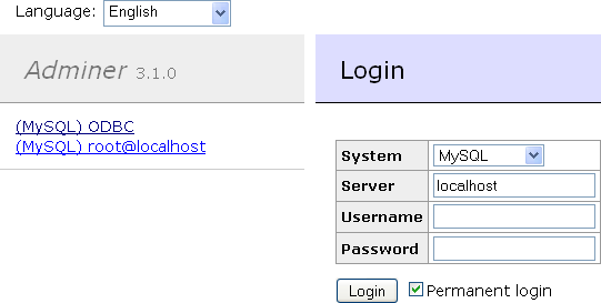 screenshot of Adminer