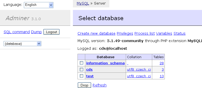 screenshot of Adminer