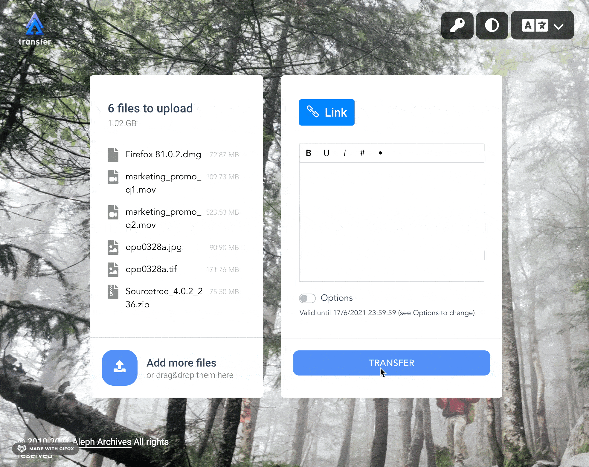 screenshot of AlephTransfer