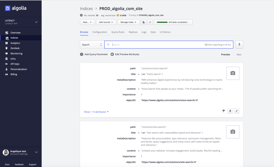 screenshot of Algolia