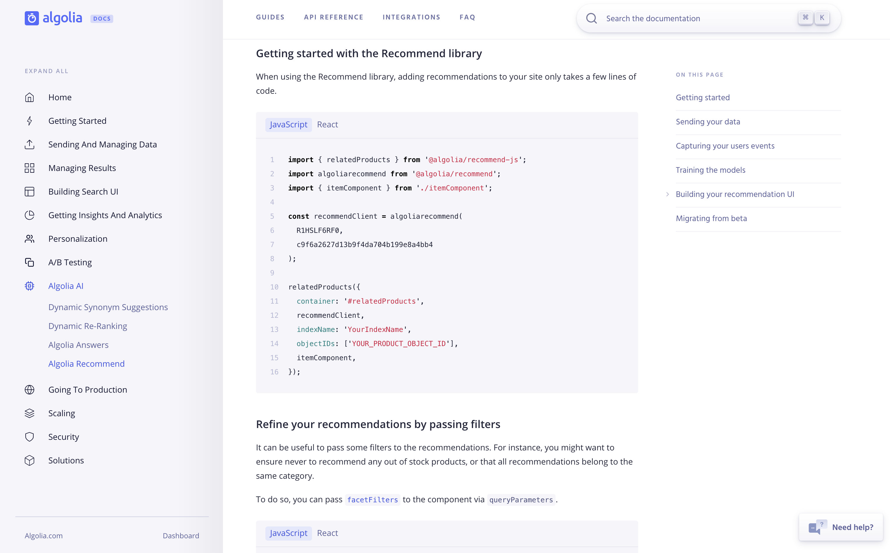 screenshot of Algolia