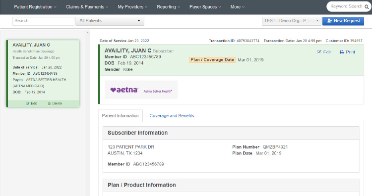 screenshot of Availity