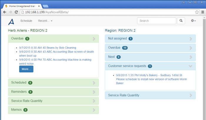 screenshot of AyaNova