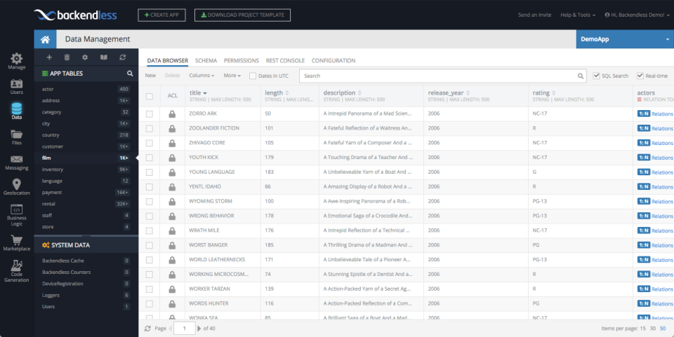 screenshot of Backendless