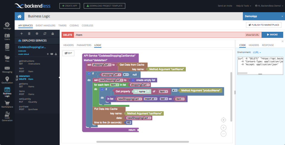 screenshot of Backendless