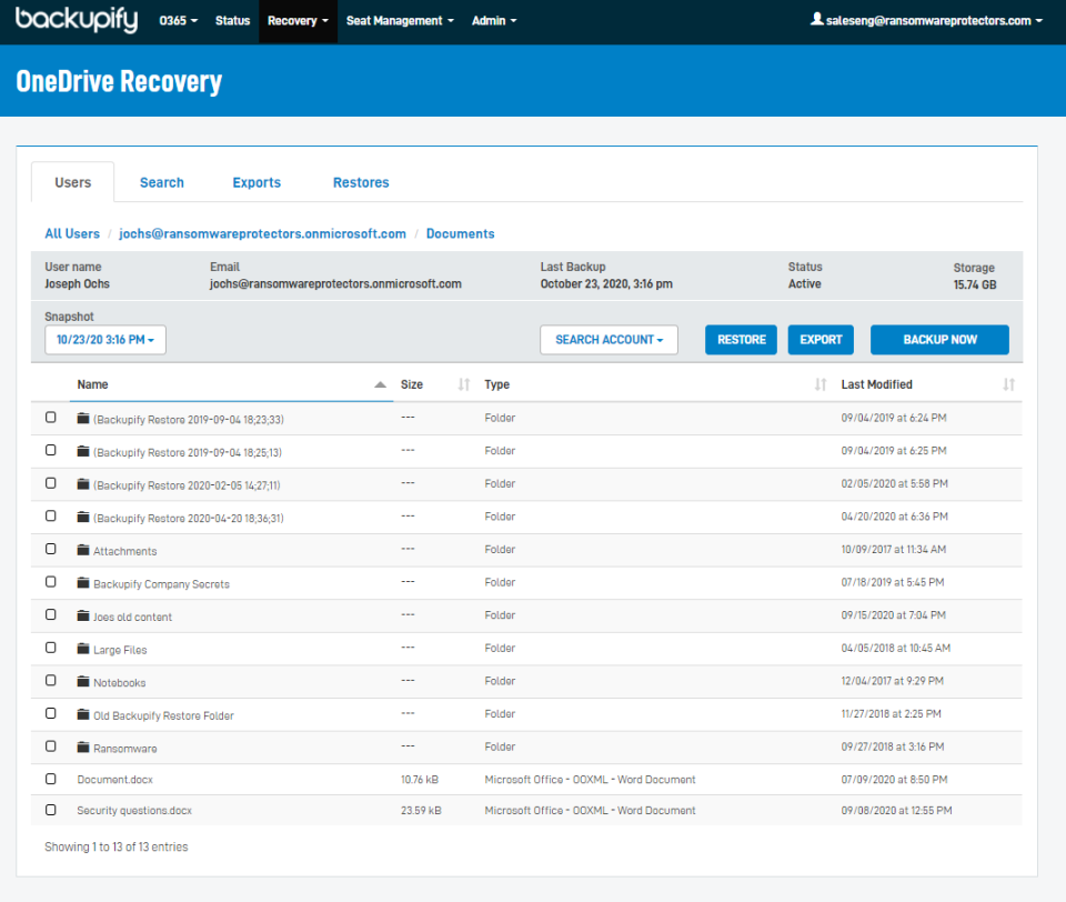screenshot of Backupify
