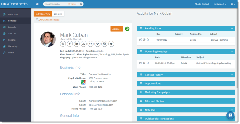 screenshot of BigContacts