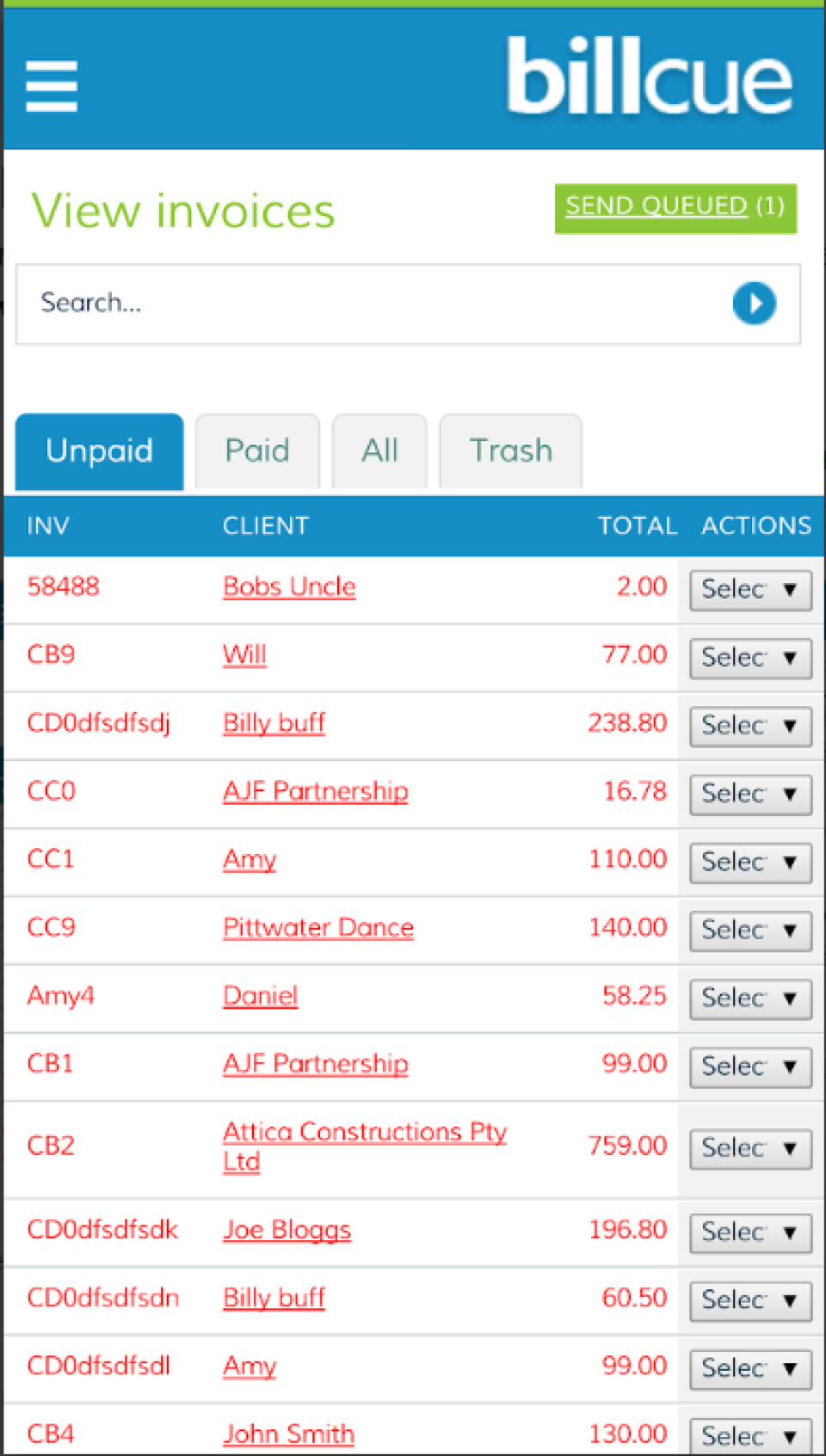 screenshot of Billcue