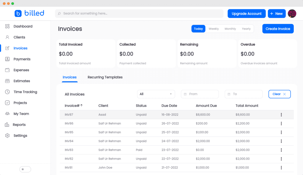 screenshot of Billed