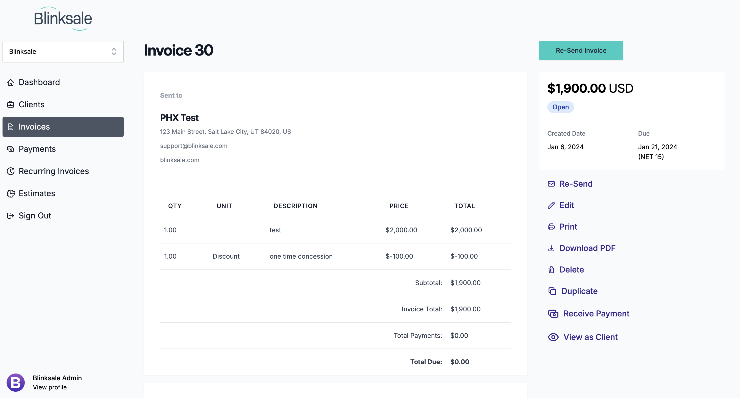 screenshot of Blinksale