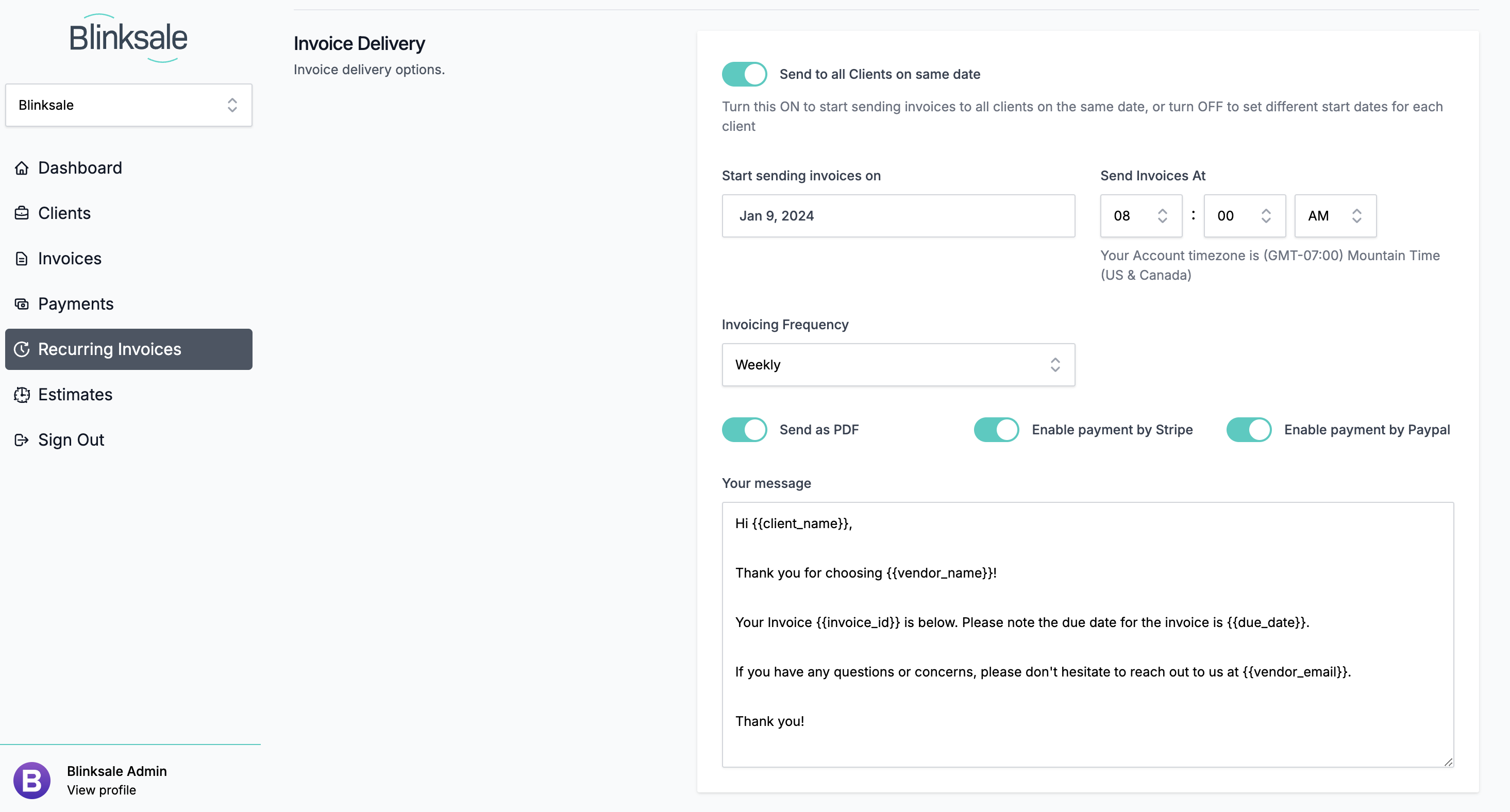 screenshot of Blinksale