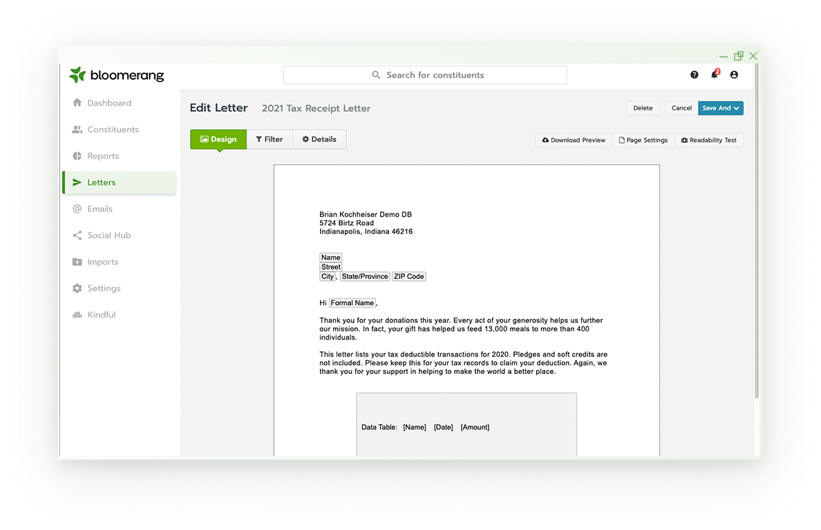 screenshot of Bloomerang