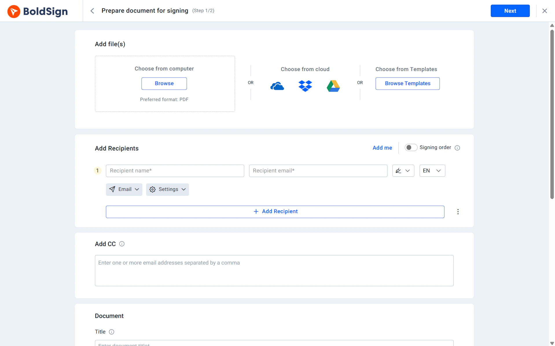 screenshot of BoldSign