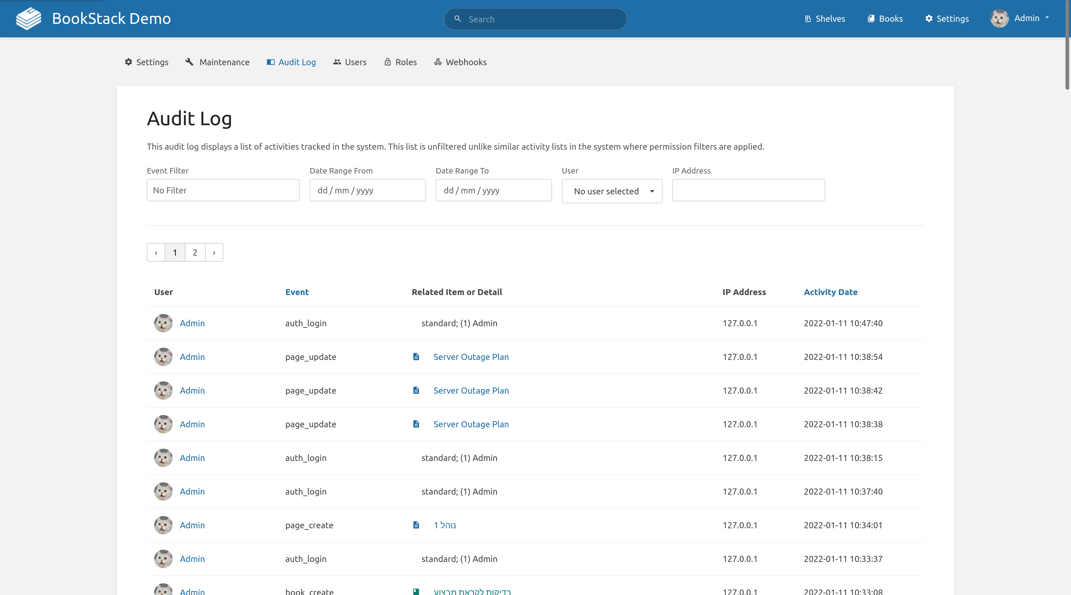 screenshot of BookStack