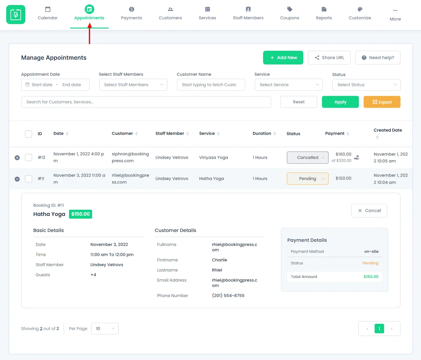 screenshot of BookingPress