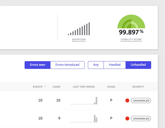 screenshot of BugSnag
