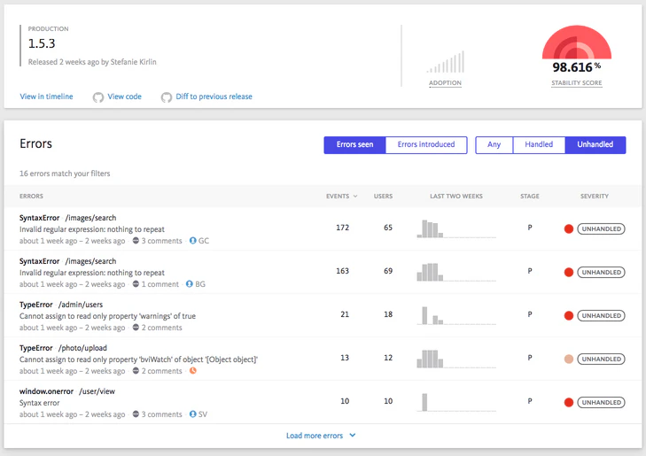 screenshot of BugSnag