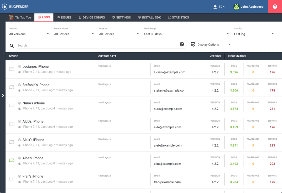 screenshot of Bugfender