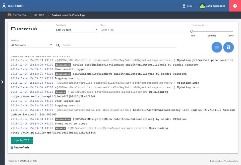 screenshot of Bugfender