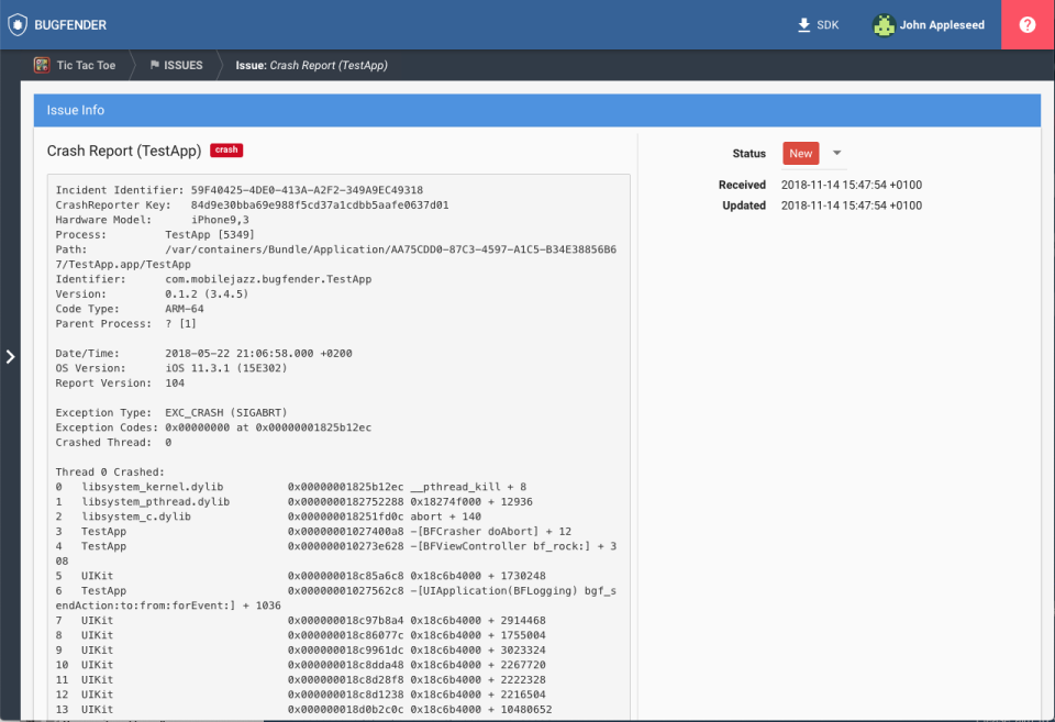 screenshot of Bugfender