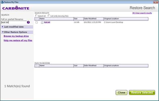screenshot of Carbonite