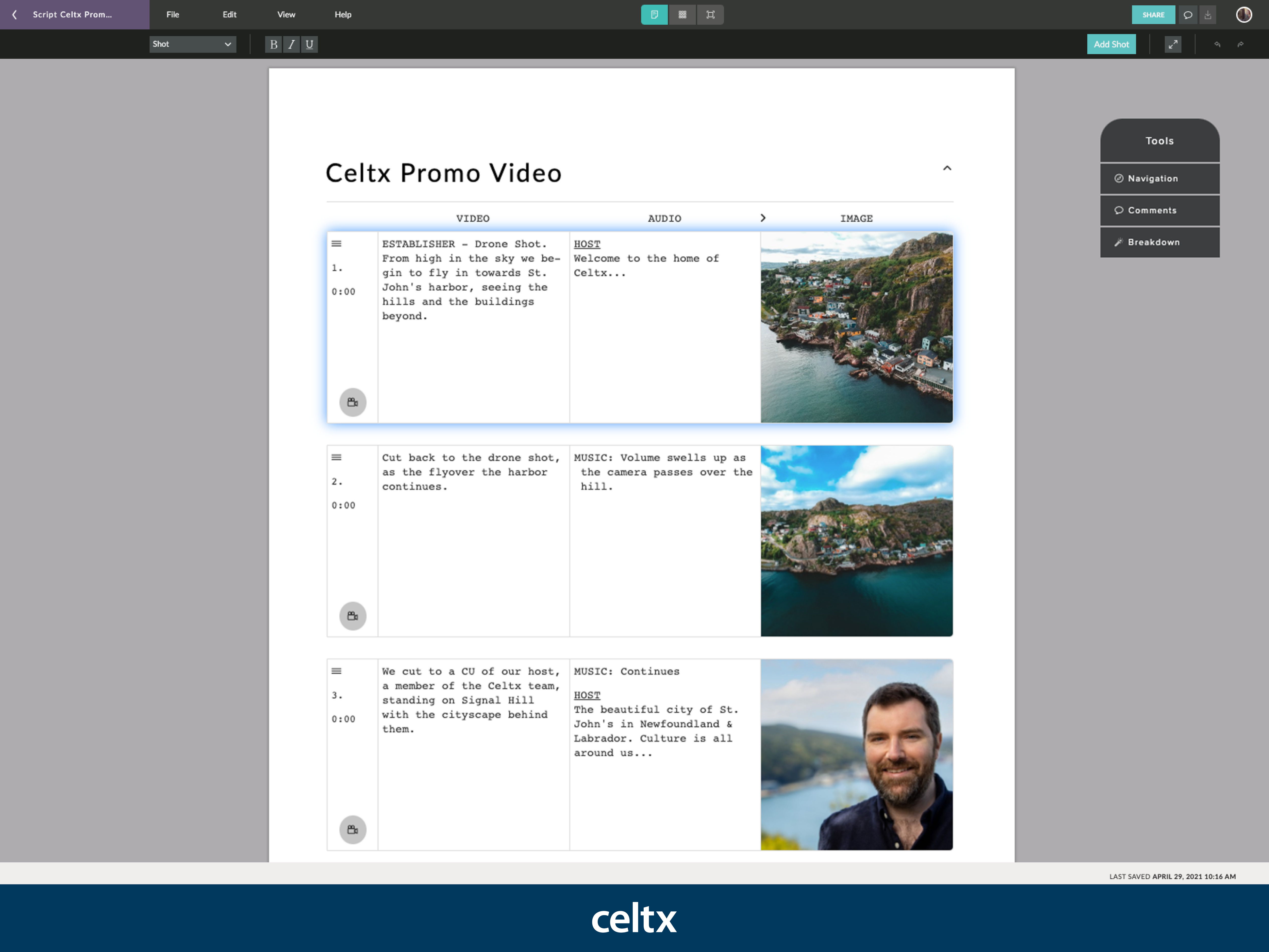 screenshot of Celtx
