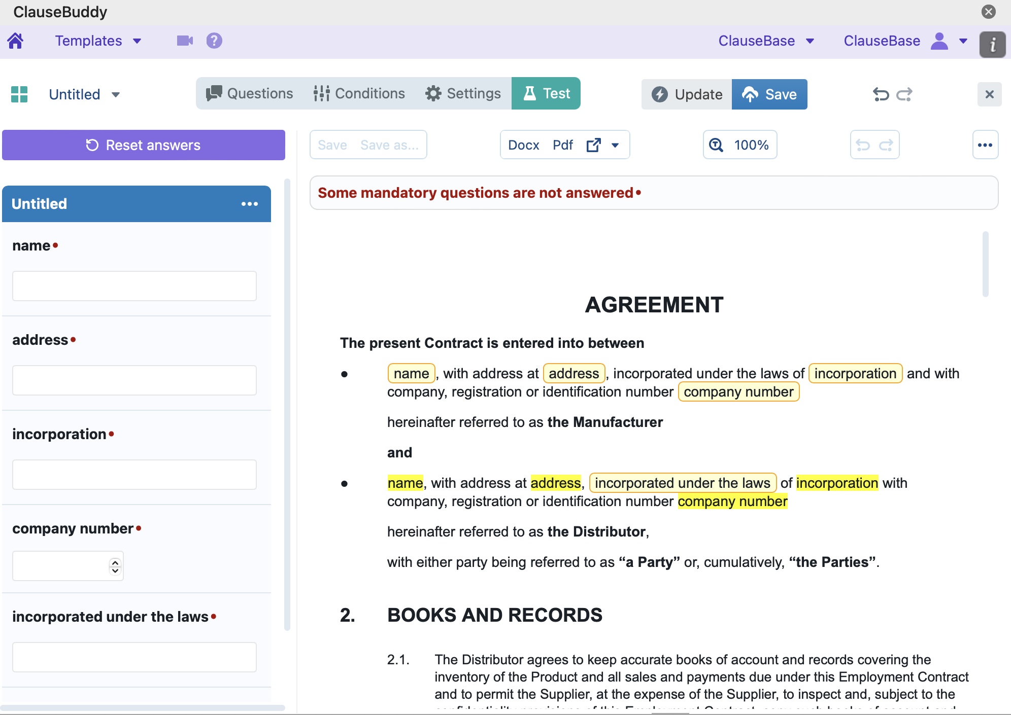 screenshot of ClauseBuddy